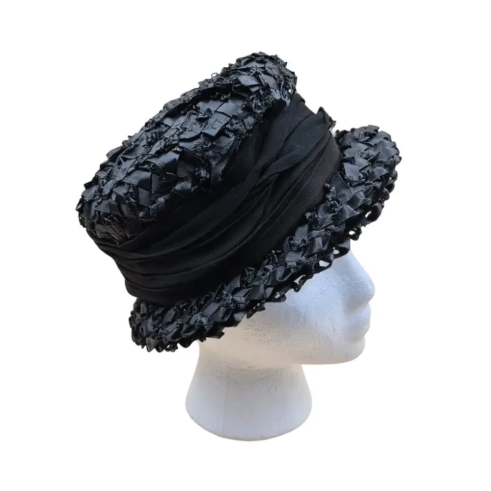 Vintage Womens Black Straw Trilby Hat with Pearl & Rhinestone Pin Accent Small